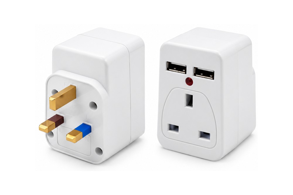 302B-USB UK 3-Way Plug Adapter with Cable, Dual USB-A