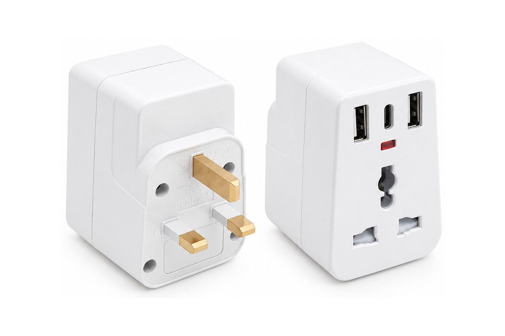 302M-USB-C Universal 3-Way Plug Adapter with Cable, 2 USB-A + USB-C
