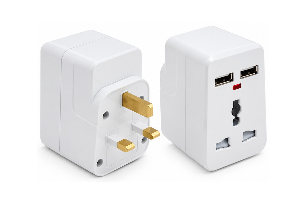 302M-USB Universal 3-Way Plug Adapter with Cable, Dual USB-A